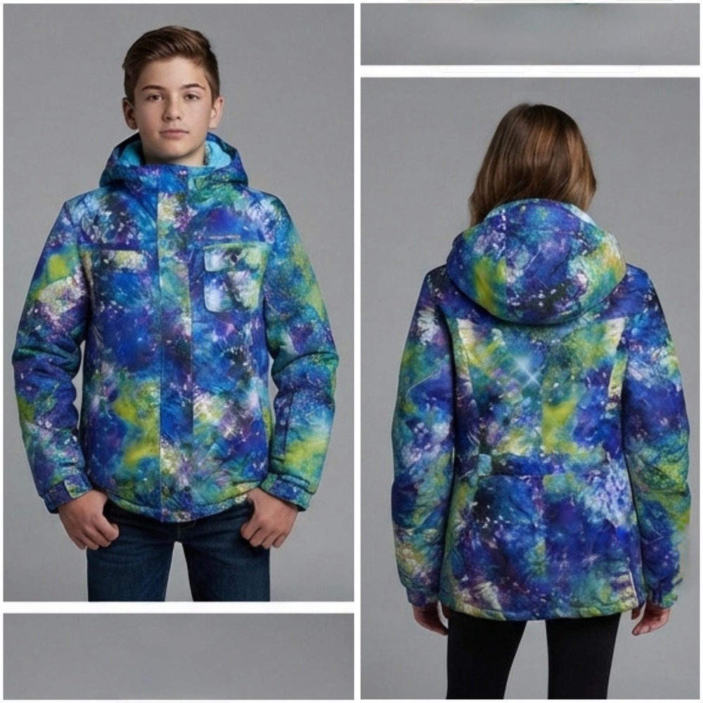 ZeroXposur Kids Ski Jacket Blue Green Galaxy Star Hooded Winter Coat Large 14